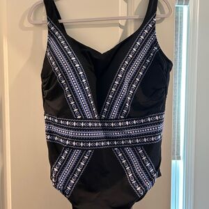 Lands End Slimming Black and Blue Patterned Swimsuit